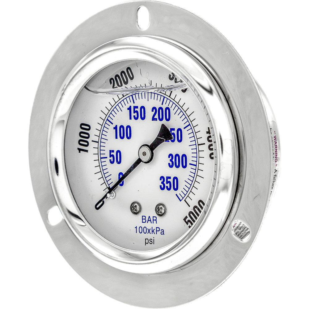 PIC Gauges PRO-204L-254R Pressure Gauge 2-1/2" Dial Dia, 0 to 5,000 psi, 1/4" MNPT, Front Flange Panel & Center Back Mount