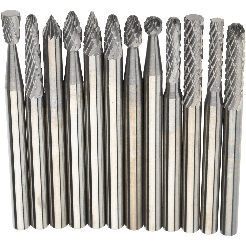 Mastercut Tool Corp. SETM100PDC 12 Pc Double Cut Burr Set with Cylinder, Cylinder w/Rad End, Ball, Cone, Cone w/Rad End, Flame, Inverted Cone, Oval, Pointed Tree, Tree w/Rad End