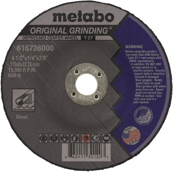 Metabo US616726000 Depressed Center Wheel Type 27, 4-1/2" Dia, 1/4" Thick, Aluminum Oxide