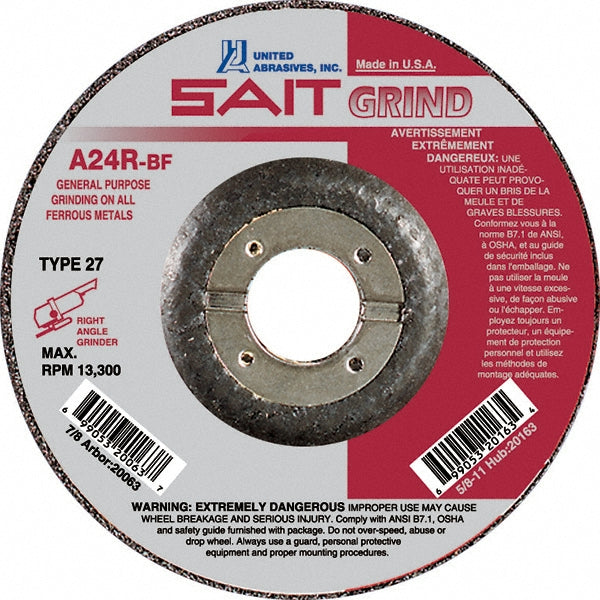 Sait 20063 Depressed-Center Wheel Type 27, 4-1/2" Dia, 1/4" Thick, 7/8" Hole, Aluminum Oxide