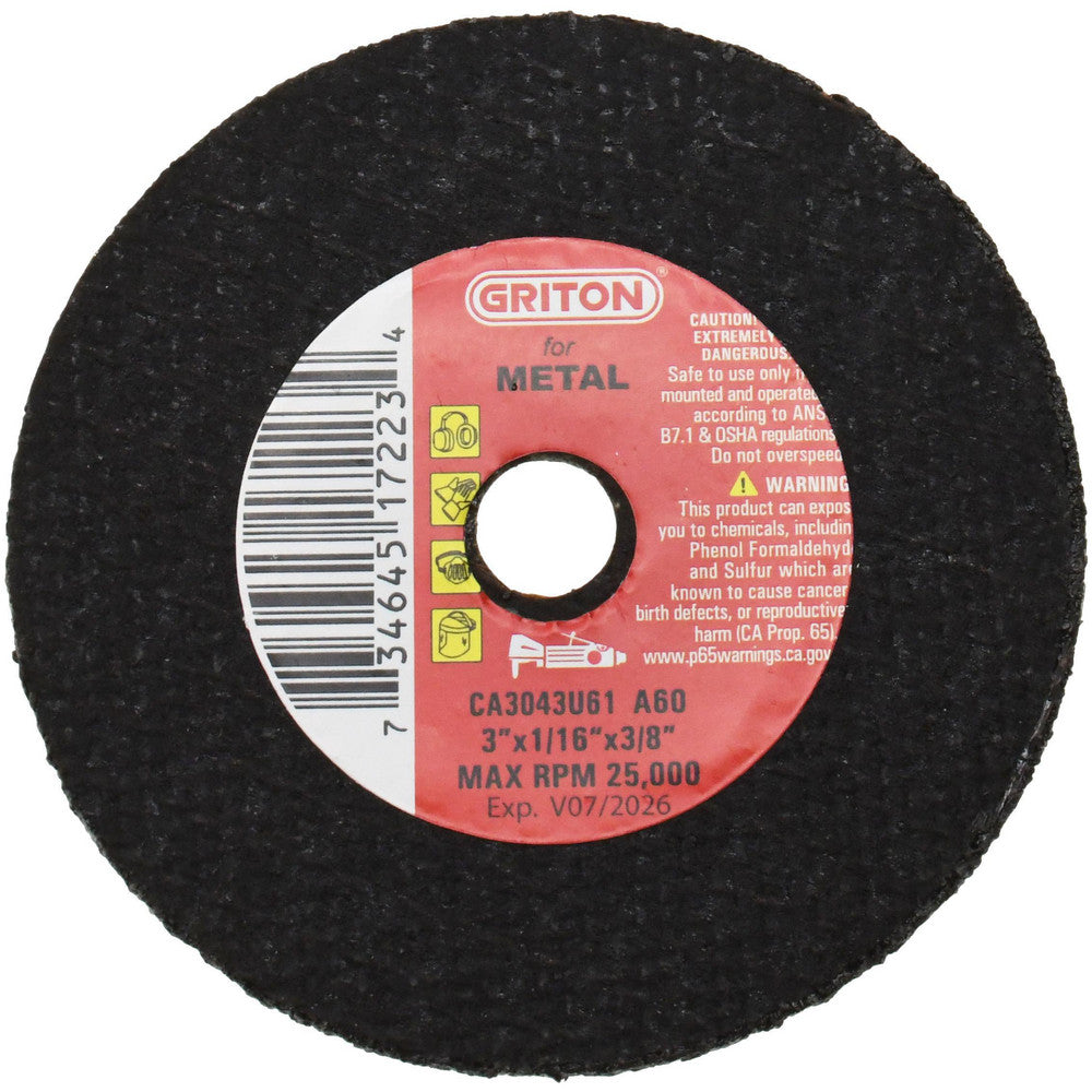 Value Collection CA3043U61 Cut-Off Wheel 3" Dia, 1/16" Thick, 3/8" Hole, Aluminum Oxide