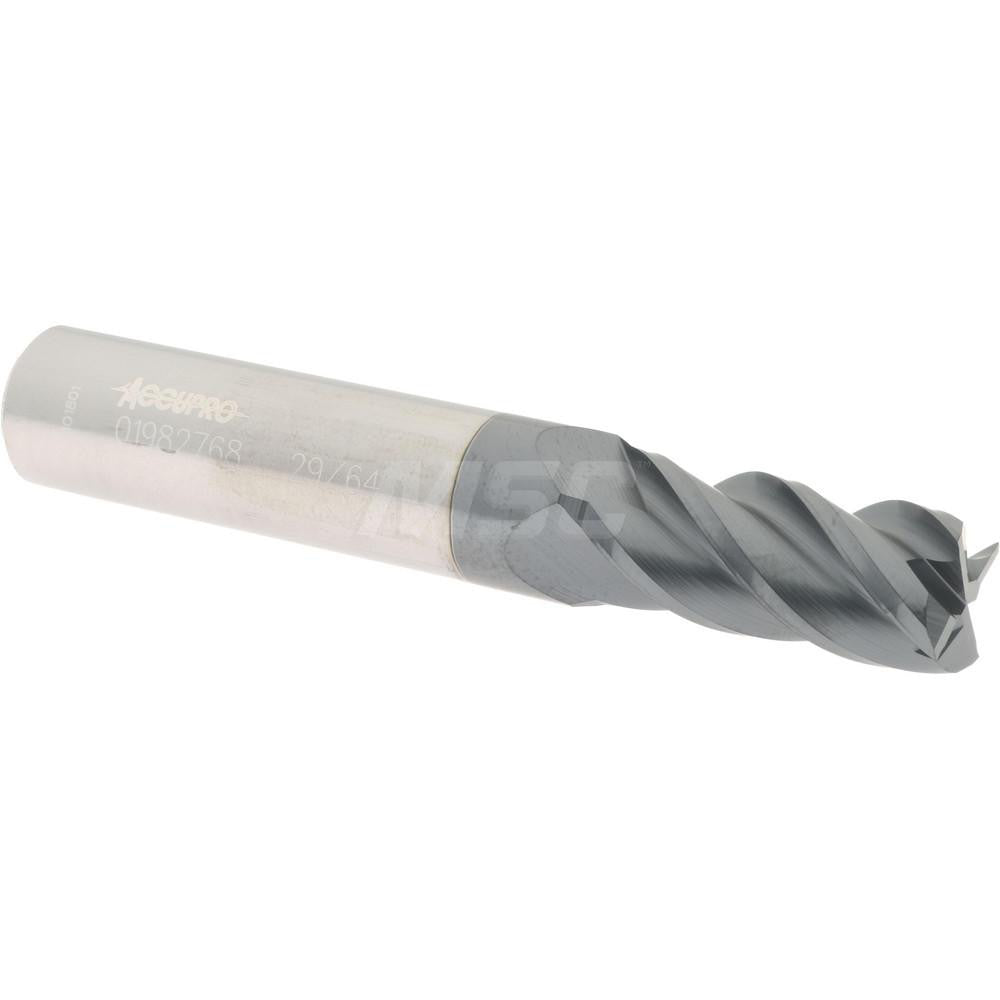 Accupro 01982768 Square End Mill 29/64'' Dia, 1'' LOC, 1/2'' Shank Dia, 3'' OAL, 4 Flutes, Solid Carbide