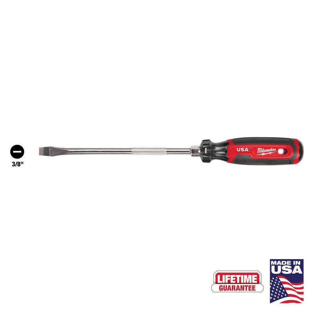 Milwaukee Tool MT209 Slotted Screwdrivers Blade Width (Inch) 3/8 Blade Length (Inch) 8 Overall Length (Decimal Inch) 13.0000 Handle Type Comfort Grip Cushion Grip Handle Length (Inch) 5.0000 Shank Type Straight