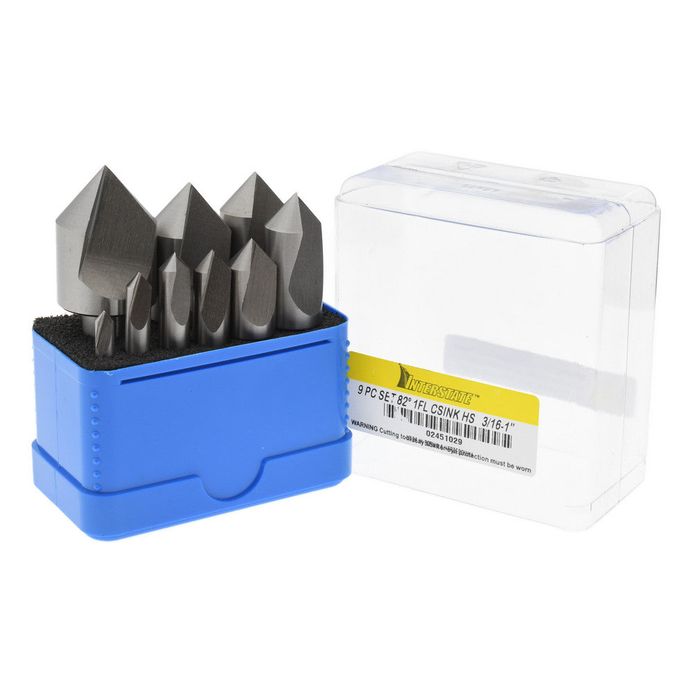 Value Collection SC10829S Countersink Set 9 Pc, 3/16 to 1" Head Dia, 1 Flute, 82 ° Included Angle