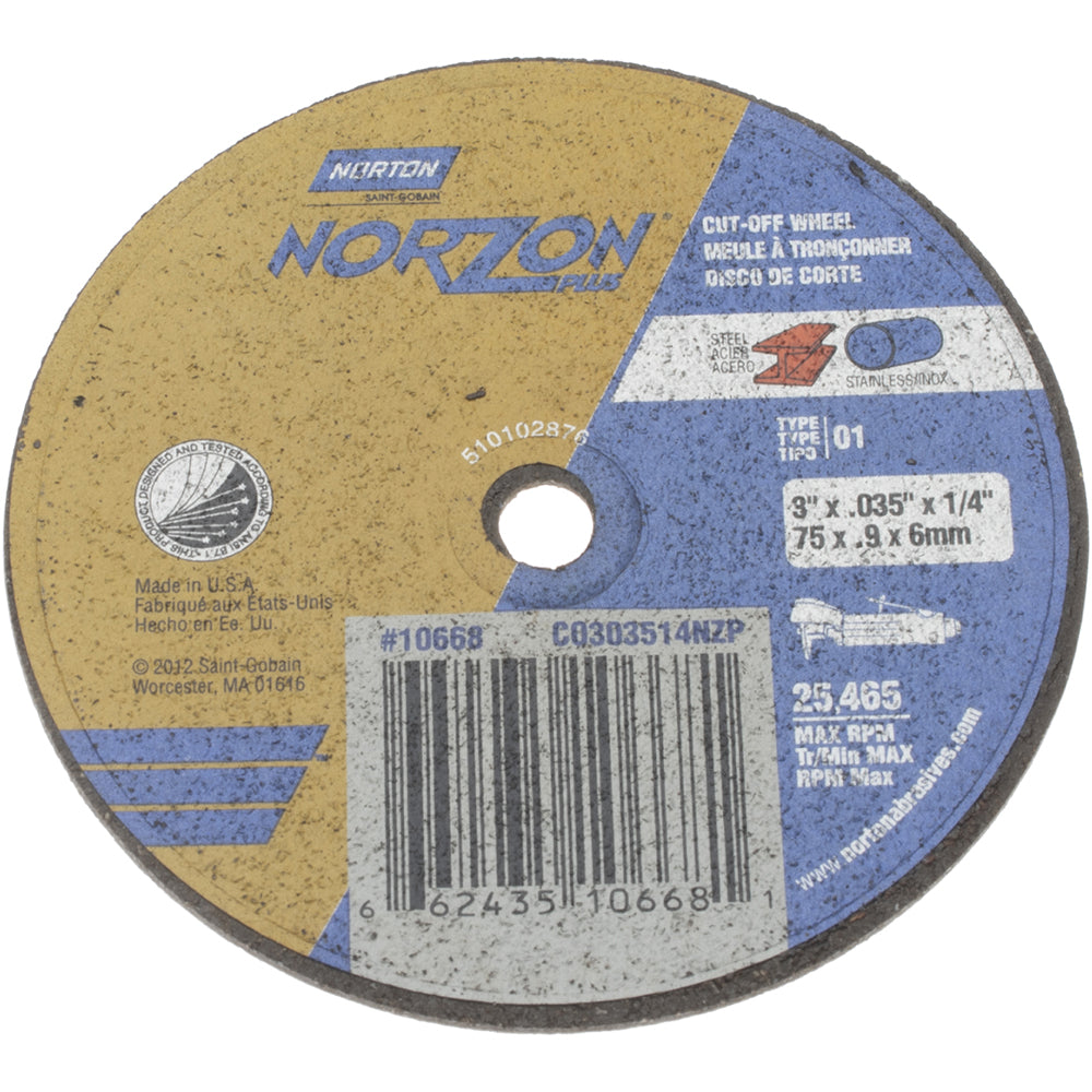 Norton 66243510668 Cutoff Wheel 3" Dia, 0.035" Thick, 1/4" Hole, Ceramic