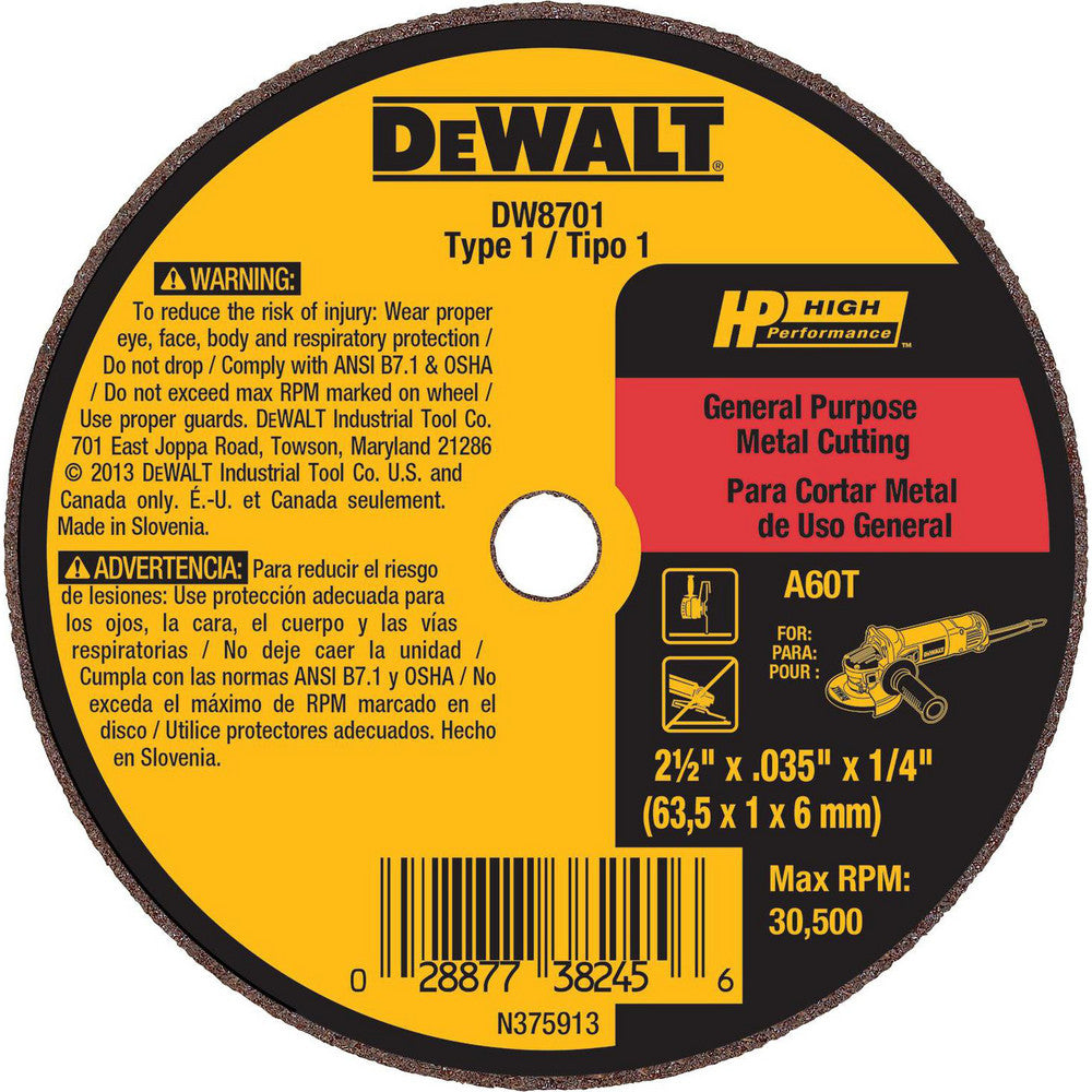 DeWALT DW8701 Cut-Off Wheel Type 1 (01/41), 2-1/2" Dia, Aluminum Oxide