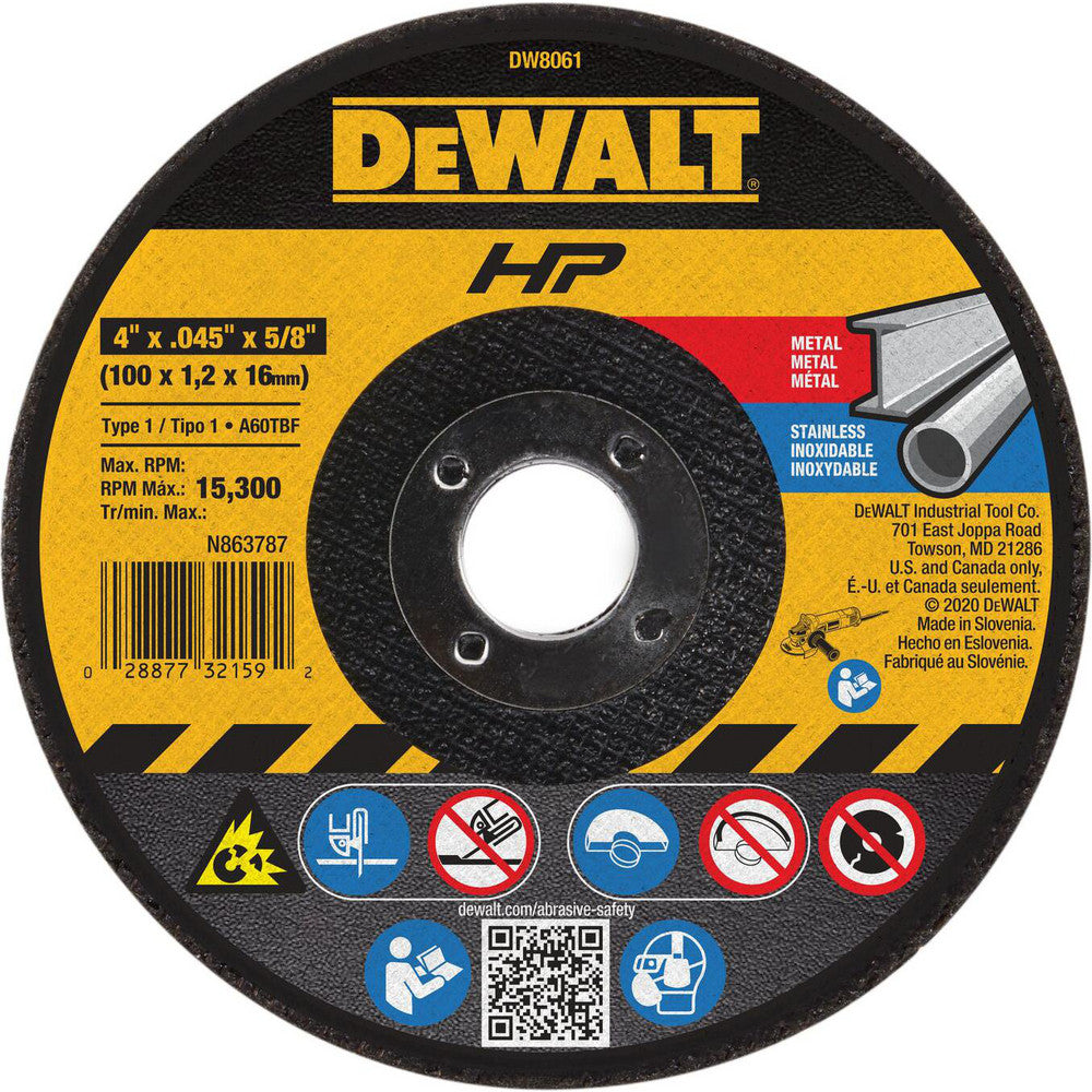 DeWALT DW8061 Cut-Off Wheel Type 1 (01/41), 4" Dia, Aluminum Oxide