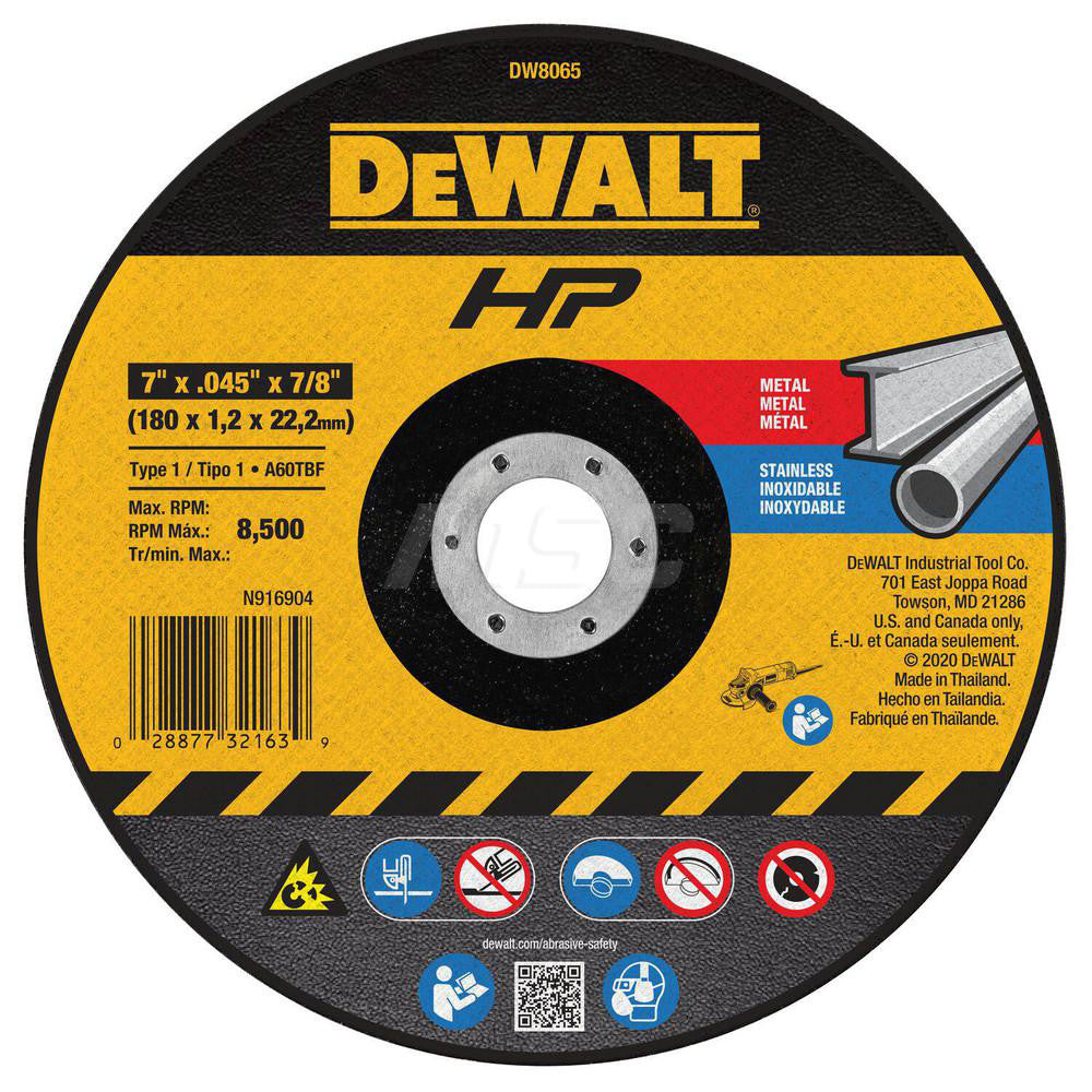 DeWALT DW8065 Cut-Off Wheel Type 1 (01/41), 7" Dia, Aluminum Oxide