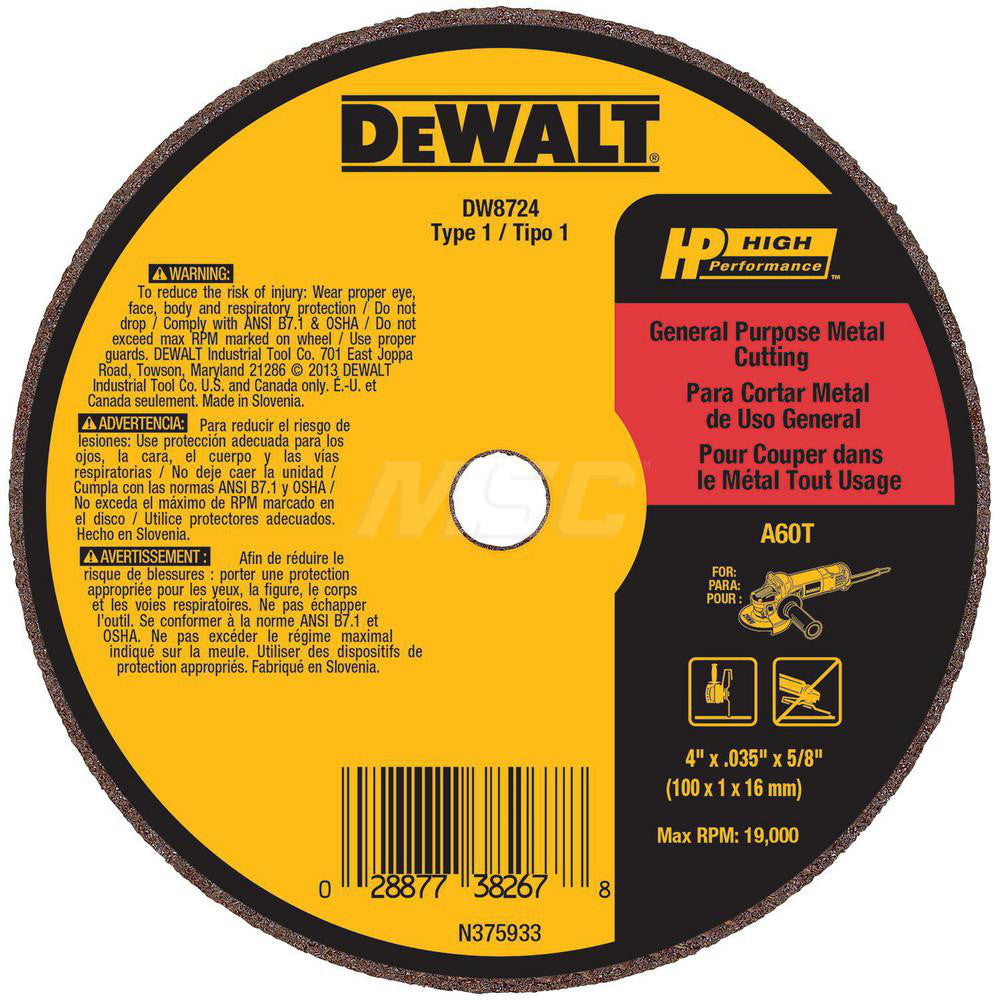 DeWALT DW8724 Cut-Off Wheel Type 1 (01/41), 4" Dia, Aluminum Oxide
