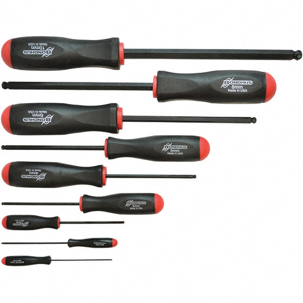 Bondhus 74699 Hex Driver Sets Ball End Yes Size Range (Inch) 1.5 - 10 Number of Pieces 9 Includes 1.5, 2, 2.5, 3, 4, 5, 6, 8, 10 mm Screwdrivers Features Holds Screw Tight on Tool Every Time Number Of Pieces 9 Type Screwdriver Set Ball End Hex Size (mm)