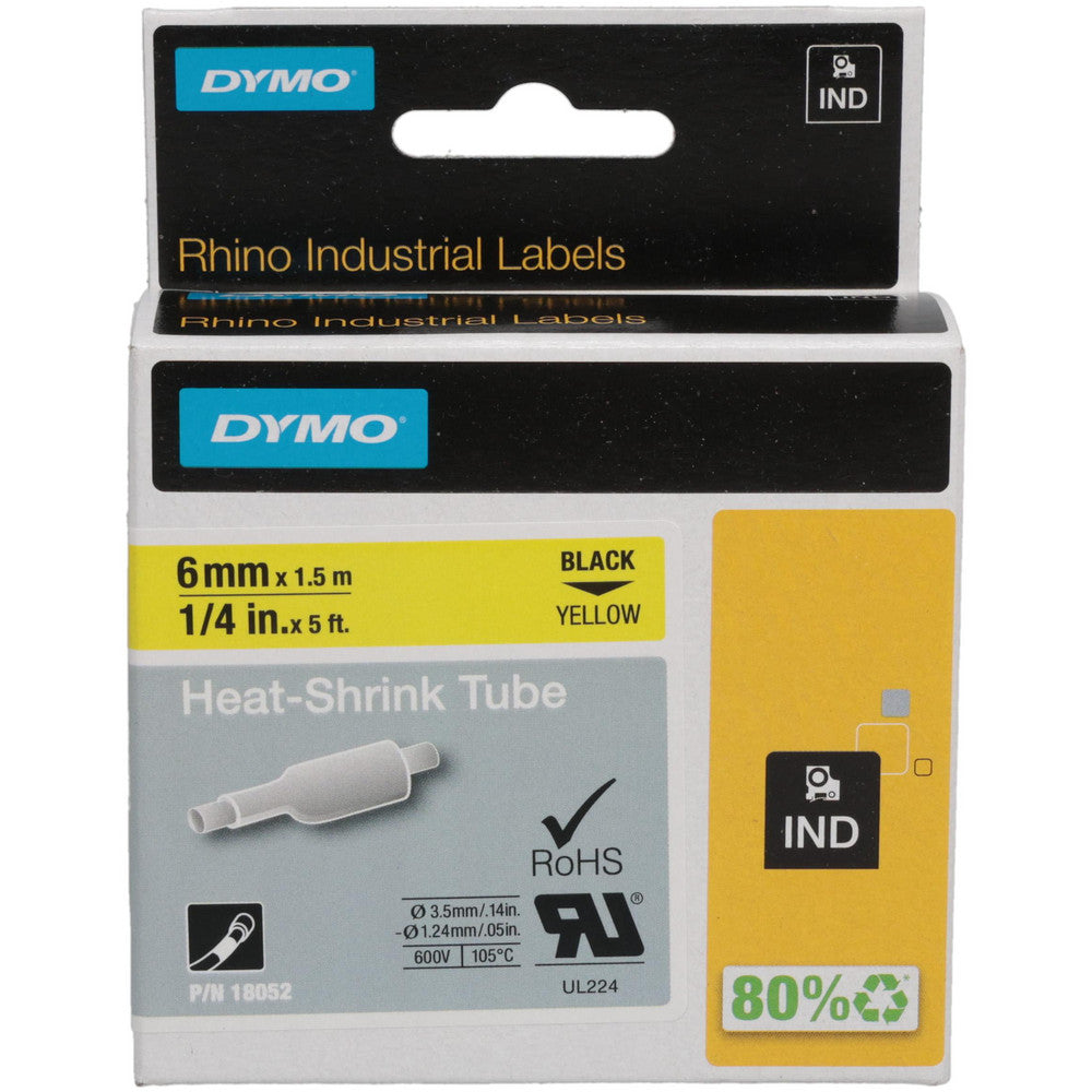 Dymo 18052 Label Maker Label Yellow, Heat Shrinkable Polyolefin, 60" OAL, 1/4" OAW
