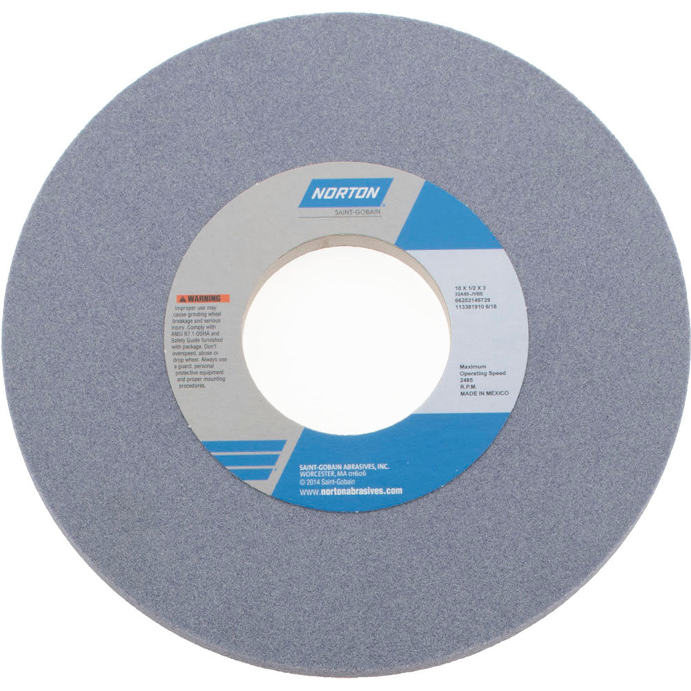 Norton 66253149729 Surface Grinding Wheel 10" Dia, 1/2" Thick, 3" Hole, 60 Grit, J Hardness