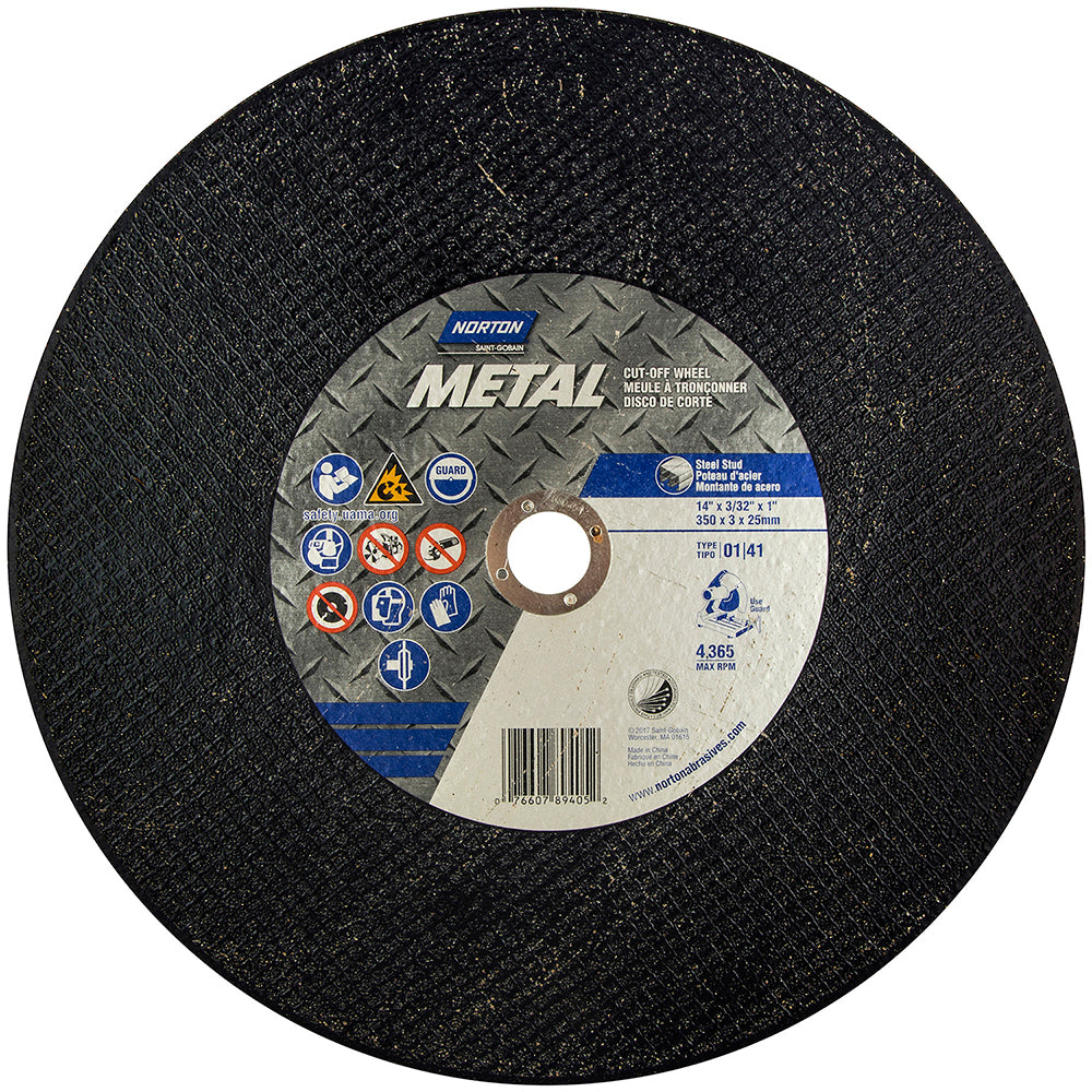 Norton 07660789405 Cut-Off Wheel 14" Dia, 7/64" Thick, 1" Hole, Aluminum Oxide