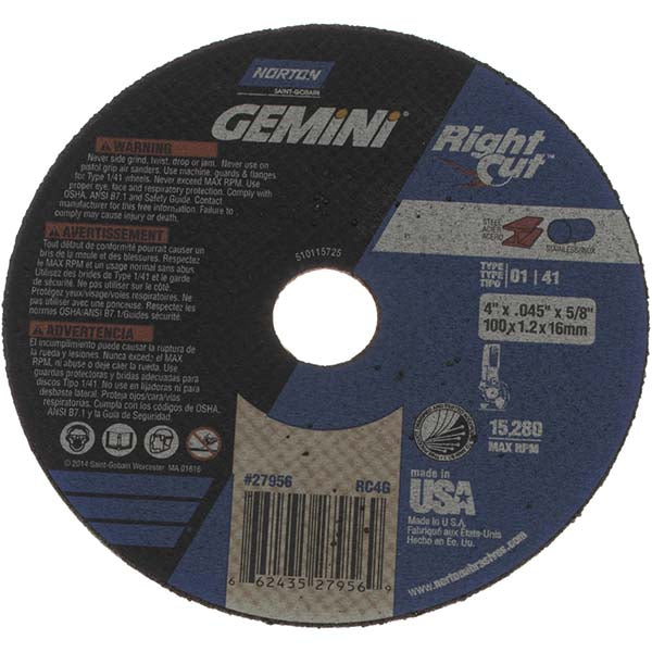 Norton 66243527956 Cutoff Wheel 4" Dia, 0.045" Thick, 5/8" Hole, Aluminum Oxide