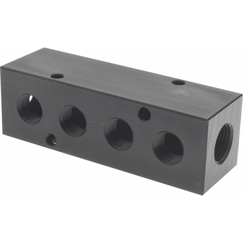 Polyconn PCM20-250-04B Manifold 3/8" Inlet, 1/4" Outlet, 2 Inlet Ports, 4 Outlet Ports, 4.12" OAL, 1.25" OAW, 1-1/4" OAH