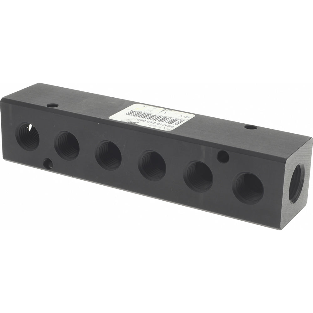 Polyconn PCM20-250-06B Manifold 3/8" Inlet, 1/4" Outlet, 2 Inlet Ports, 6 Outlet Ports, 5.88" OAL, 1.25" OAW, 1-1/4" OAH