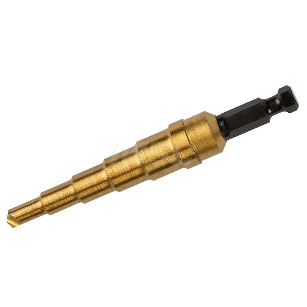 Irwin 15102ZR Step Drill Bit 3/16 to 1/2" Dia, 1/4" Shank Dia, High Speed Steel, 6 Hole Sizes