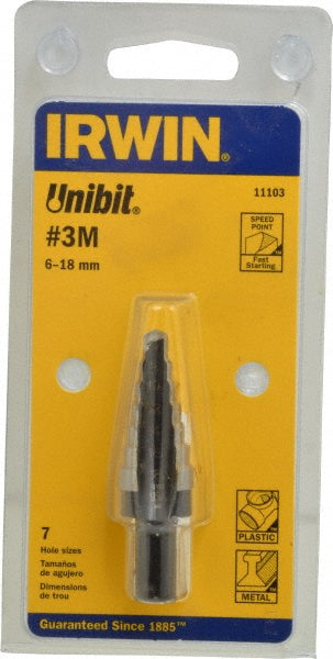 Irwin 11103 Step Drill Bit 6 to 18 mm Dia, 3/8" Shank Dia, High Speed Steel, 7 Hole Sizes