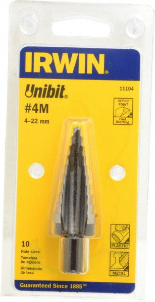Irwin 11104 Step Drill Bit 4 to 22 mm Dia, 3/8" Shank Dia, Cobalt, 10 Hole Sizes