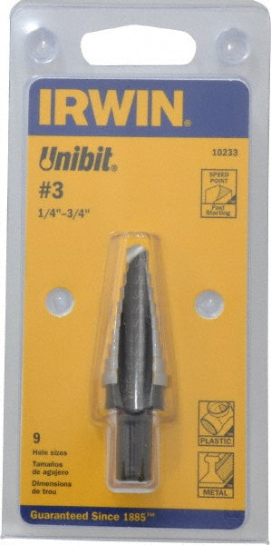 Irwin 10233 Step Drill Bit 1/4 to 3/4" Dia, 3/8" Shank Dia, High Speed Steel, 9 Hole Sizes