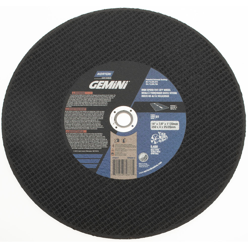 Norton 70184672877 Cut-Off Wheel 14" Dia, 1/8" Thick, 1" Hole, Silicon Carbide