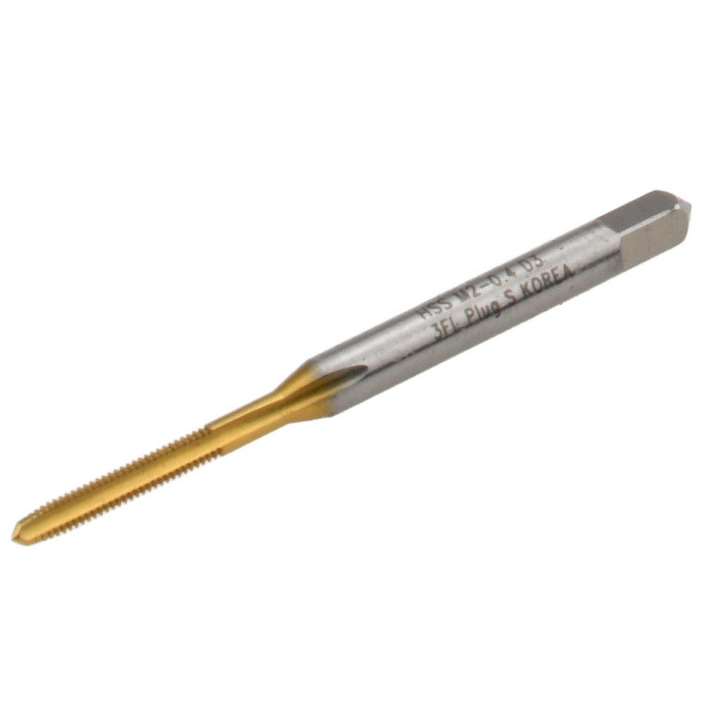 Hertel K027709AS25 Straight Flute Tap M2x0.4 Metric Coarse, 3 Flute, Plug Chamfer, 6H Class of Fit, High-Speed Steel, Titanium Nitride Finish