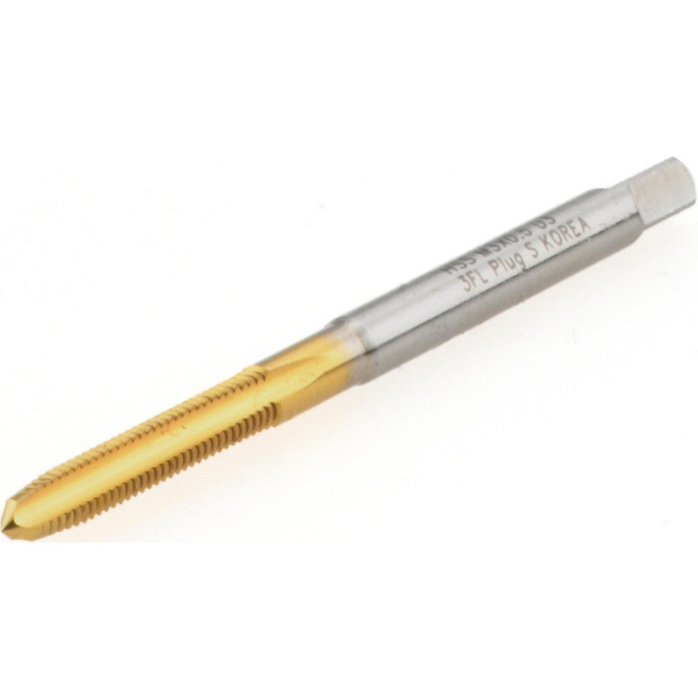 Hertel K027721AS25 Straight Flute Tap M3x0.5 Metric Coarse, 3 Flute, Plug Chamfer, 6H Class of Fit, High-Speed Steel, Titanium Nitride Finish