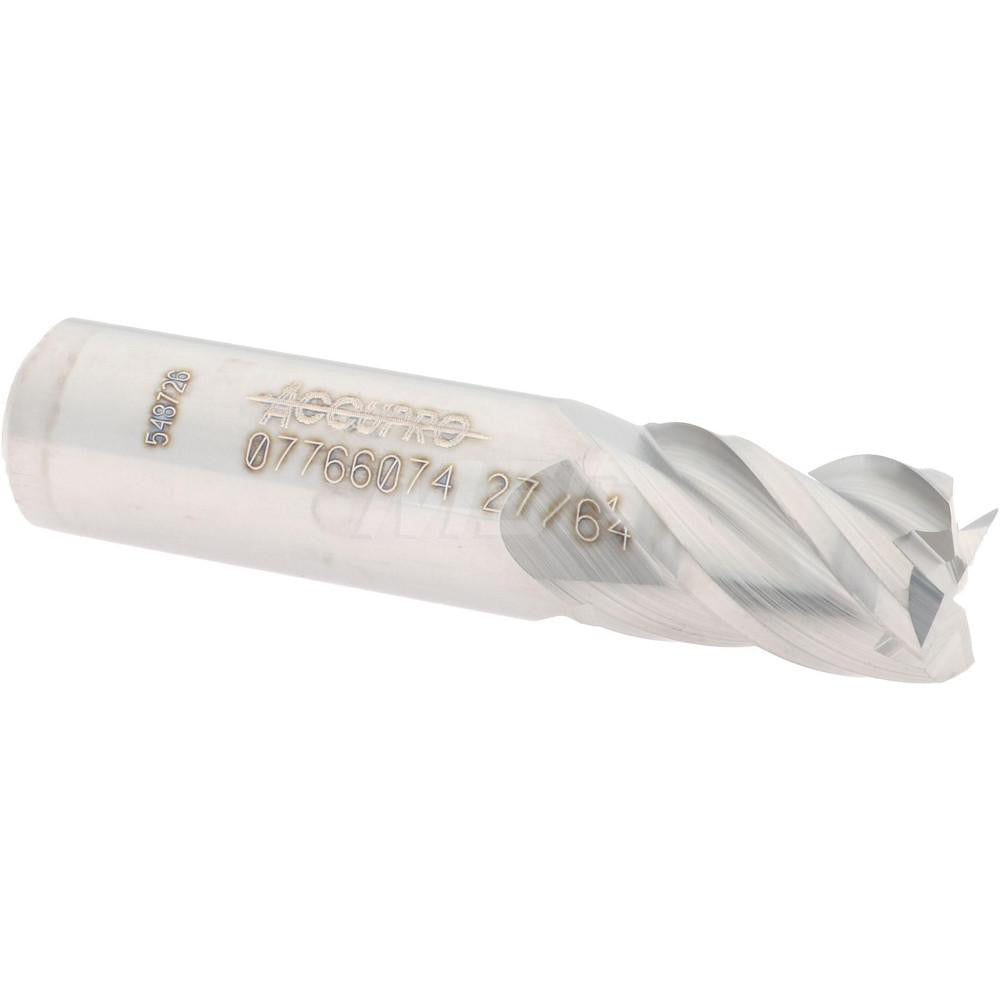 Accupro 07766074 Square End Mill 27/64'' Dia, 5/8'' LOC, 7/16'' Shank Dia, 2'' OAL, 4 Flutes, Solid Carbide