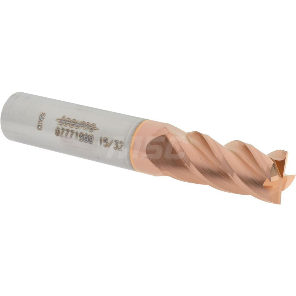 Accupro 07771900 Square End Mill 15/32'' Dia, 1'' LOC, 1/2'' Shank Dia, 3'' OAL, 4 Flutes, Solid Carbide