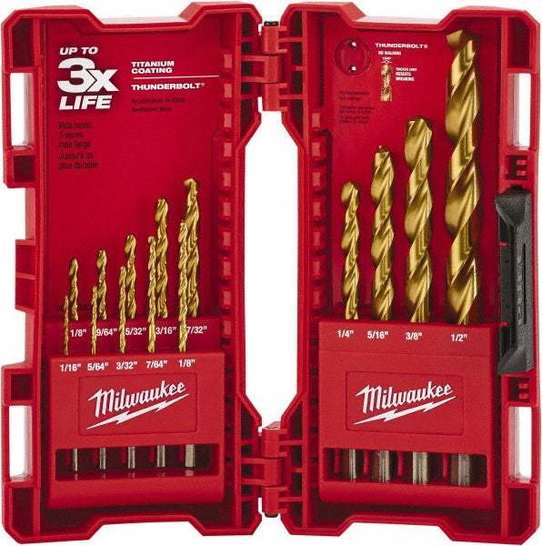 Milwaukee Tool 48-89-0011 Drill Bit Set Maintenance Length Drill Bits, 14 Pc, 0.0625" to 0.5000" Drill Bit Size, 135 deg, High-Speed Steel