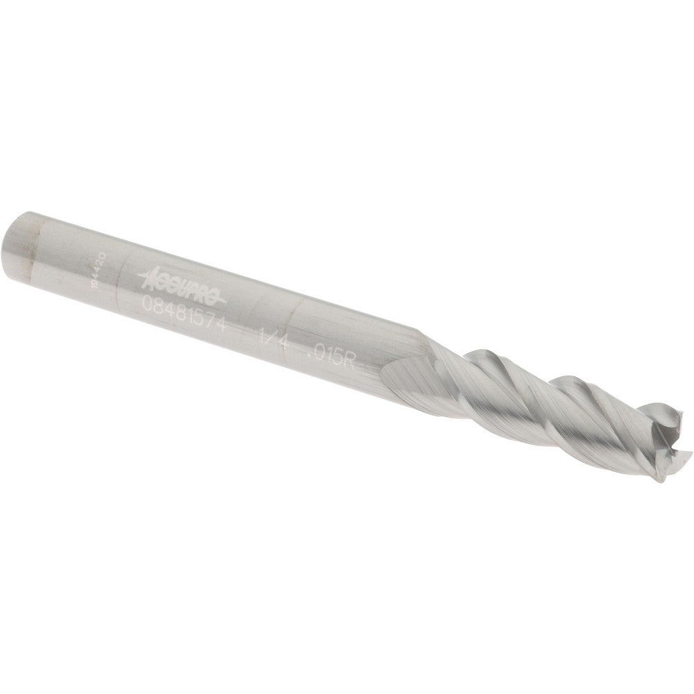 Accupro 08481574 Corner Radius End Mill 1/4" Dia, 3/4" LOC, 0.015" Radius, 3 Flutes, Solid Carbide