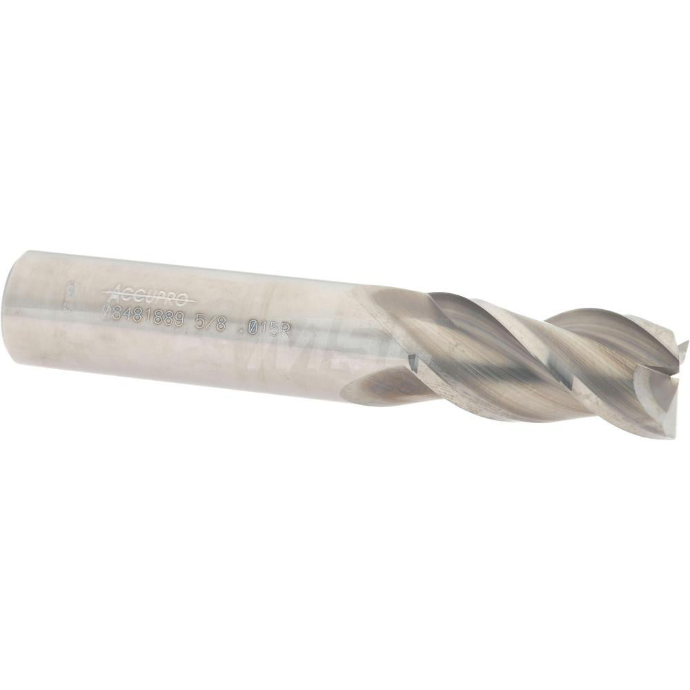 Accupro 08481889 Corner Radius End Mill 5/8" Dia, 1-1/4" LOC, 0.015" Radius, 3 Flutes, Solid Carbide