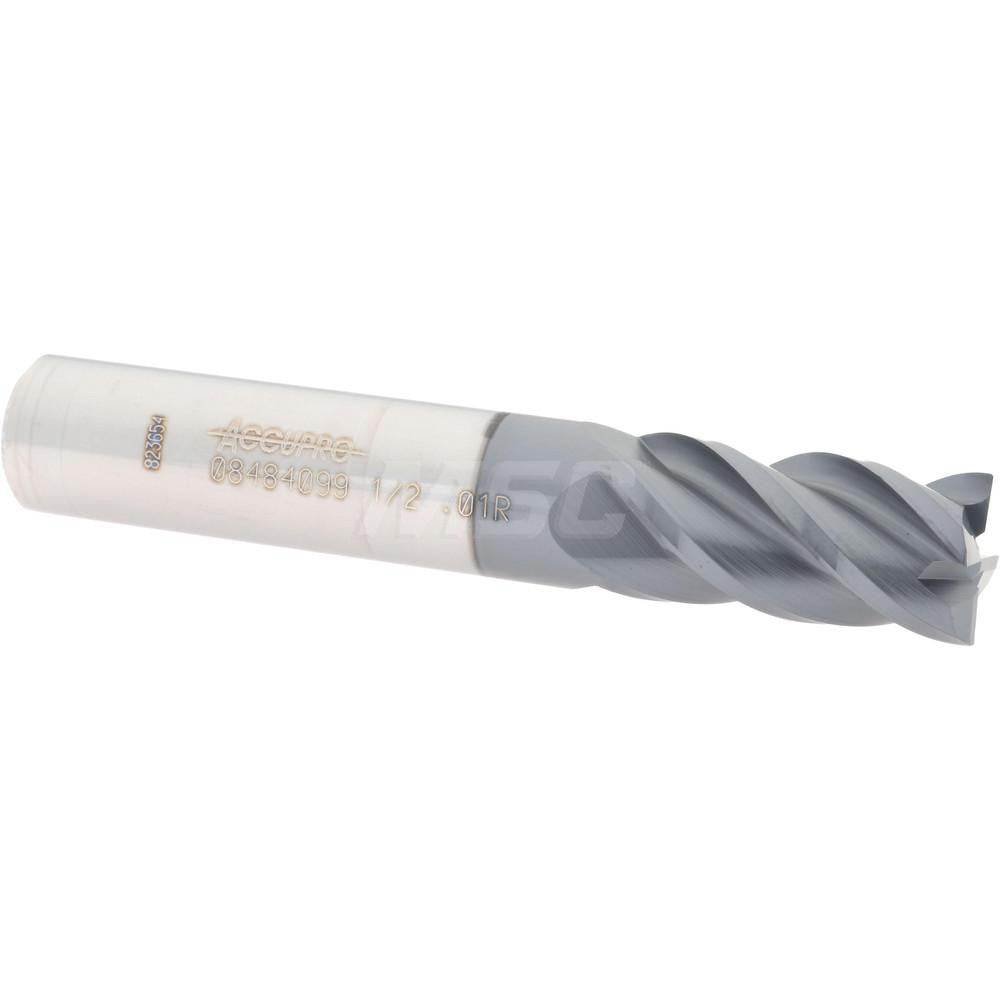 Accupro 08484099 Corner Radius End Mill 1/2" Dia, 1" LOC, 0.01" Radius, 4 Flutes, Solid Carbide
