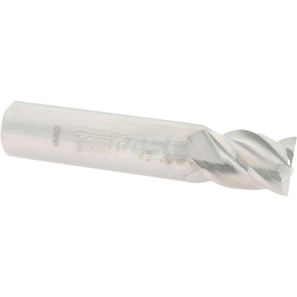 Accupro 08484271 Corner Radius End Mill 1/2" Dia, 5/8" LOC, 0.01" Radius, 4 Flutes, Solid Carbide