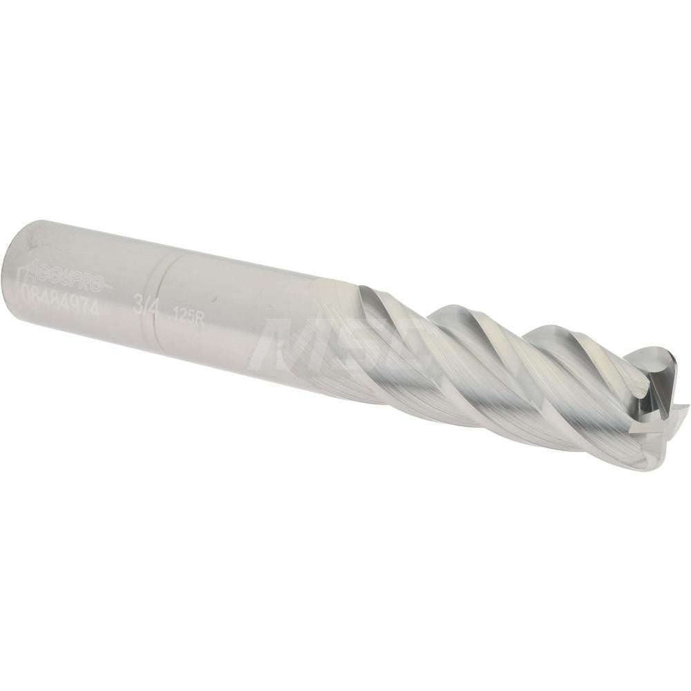 Accupro 08484974 Corner Radius End Mill 3/4" Dia, 2-1/4" LOC, 1/8" Radius, 4 Flutes, Solid Carbide