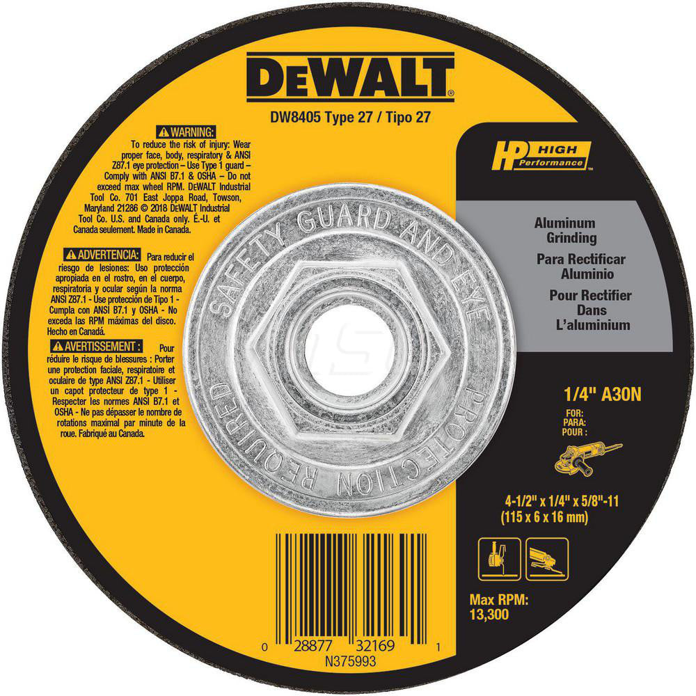 DeWALT DW8405 Depressed Grinding Wheel Type 27, 4-1/2" Dia, 1/4" Thick, Aluminum Oxide