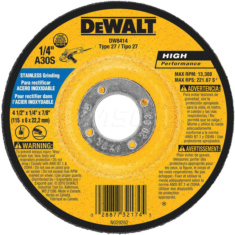DeWALT DW8414 Depressed Grinding Wheel Type 27, 4-1/2" Dia, 1/4" Thick, 7/8" Hole, Aluminum Oxide