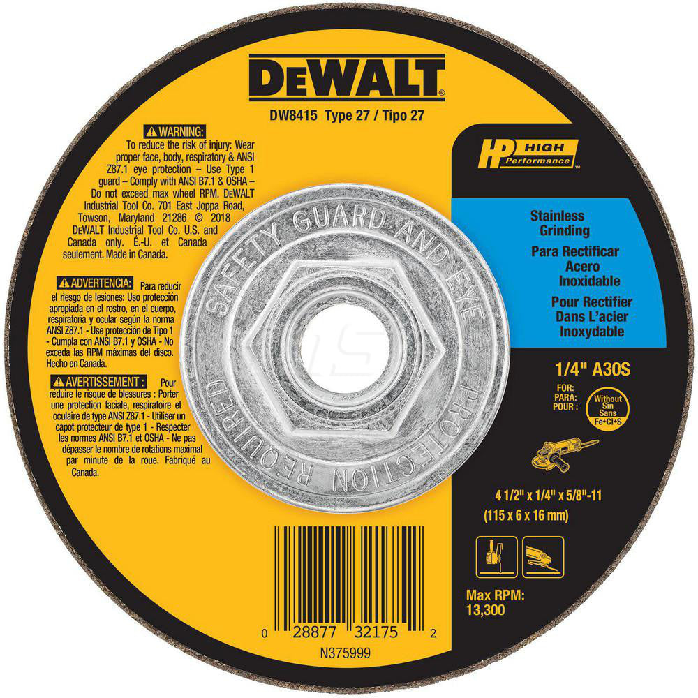 DeWALT DW8415 Depressed Grinding Wheel Type 27, 4-1/2" Dia, 1/4" Thick, Aluminum Oxide