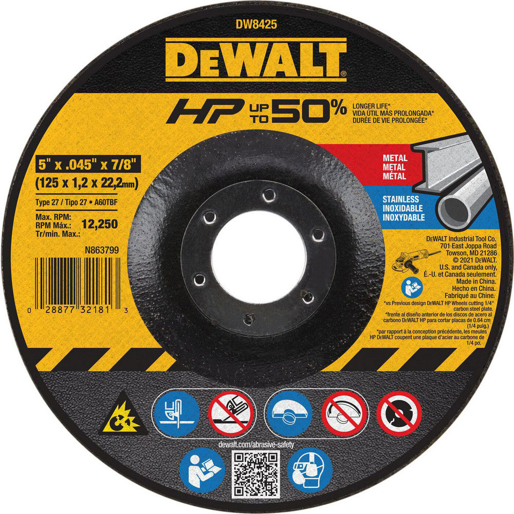 DeWALT DW8425 Depressed Grinding Wheel Type 27 & Type 42, 5" Dia, 7/8" Hole, Aluminum Oxide
