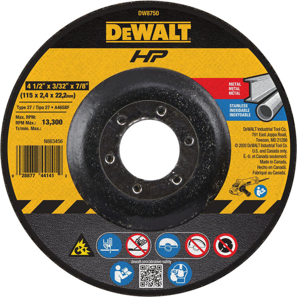 DeWALT DW8750 Depressed Grinding Wheel Type 27 & Type 42, 4-1/2" Dia, 3/32" Thick, 7/8" Hole, Aluminum Oxide