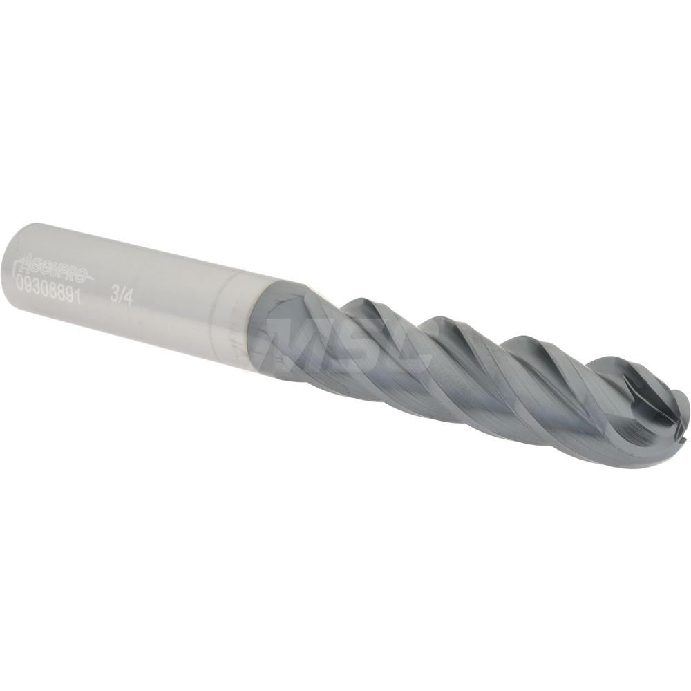 Accupro 09308891 Ball End Mill 0.75" Dia, 3" LOC, 4 Flute, Solid Carbide