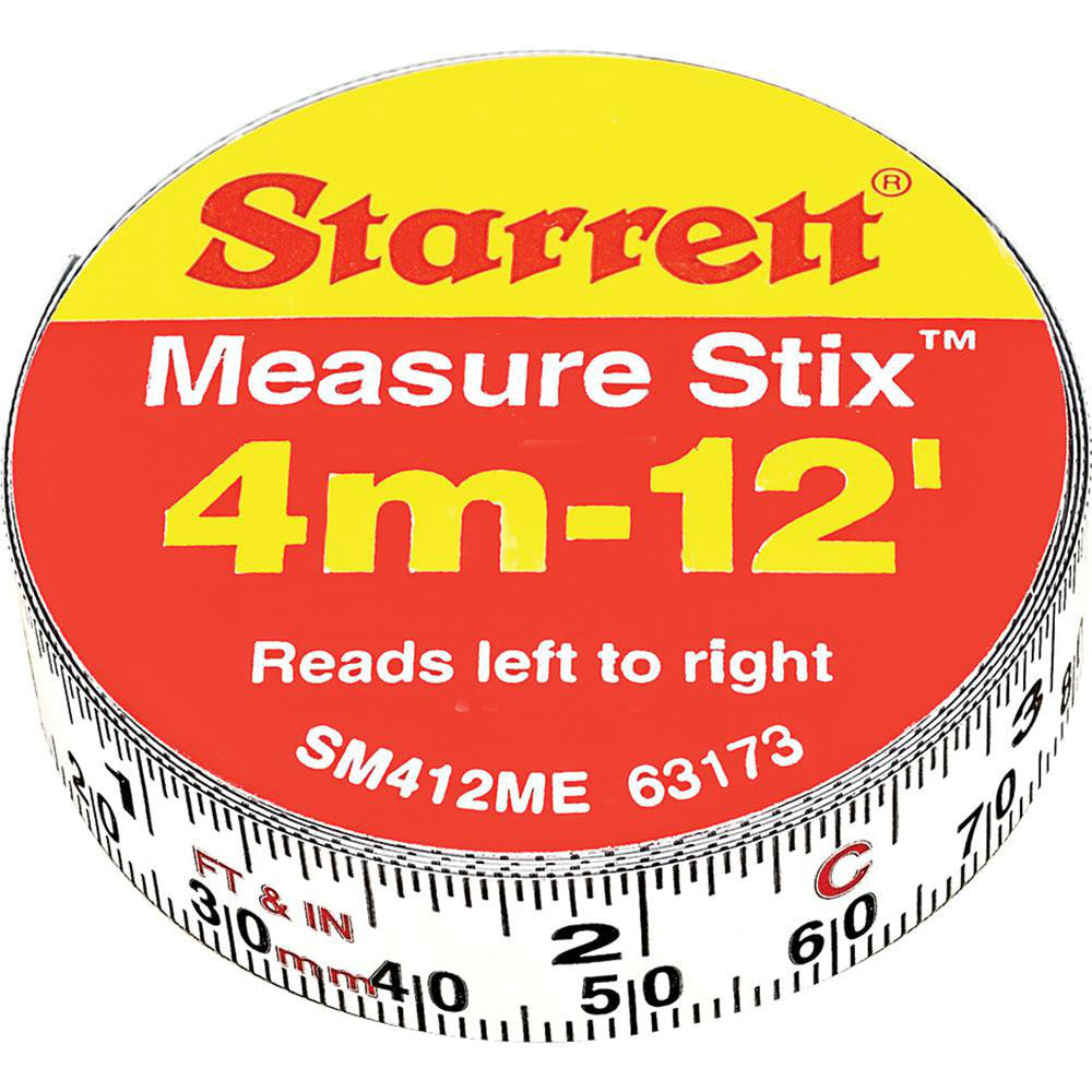 Starrett 63173 Adhesive Tape Measures Length (Feet) 12.00 Length (Meters) 3.66 Graduation (mm) 0.0625 in Graduation (Inch) 0.0625 in 1/16 System Of Measurement Standard Metric Width (mm) 1/2 12.70