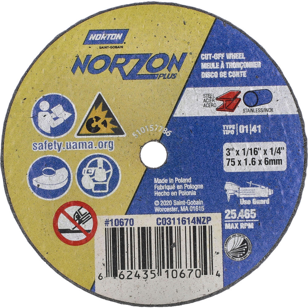 Norton 66243510670 Cut-Off Wheel 3" Dia, 1/16" Thick, 1/4" Hole, Ceramic