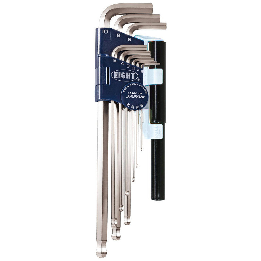 Eight Tool TLS-9NP Hex Key Sets Ball End Yes Handle Type L-Handle Measurement Type Metric Hex Size 1.5 mm, 2 mm, 2.5 mm, 3 mm, 4 mm, 5 mm, 6 mm, 8 mm, 10 mm Material Steel Overall Length (mm) 235.0000