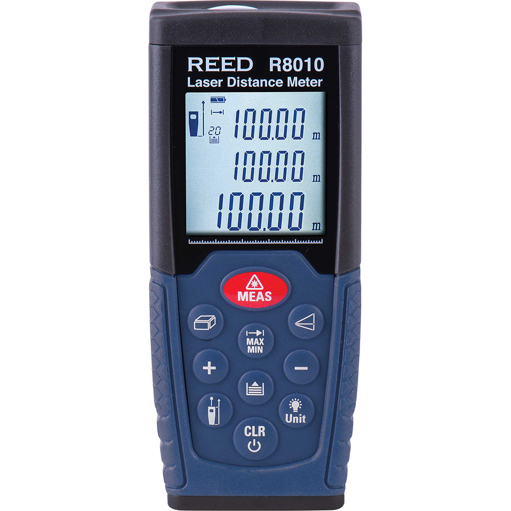 REED Instruments R8010 Laser & Ultrasonic Distance Finders Minimum Distance 1.92in Maximum Distance (Meters) 328ft Maximum Distance (Feet) 328ft Maximum Distance 328ft Distance Meter Functions Addition Area Subtraction Volume Pythagoras Laser Pointer Mode