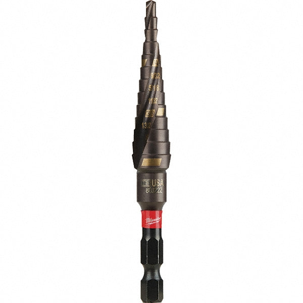 Milwaukee Tool 48-89-9241 Step Drill Bits 1/8" to 1/2" Hole Dia, 1/4" Shank Dia, Steel, 13 Hole Sizes