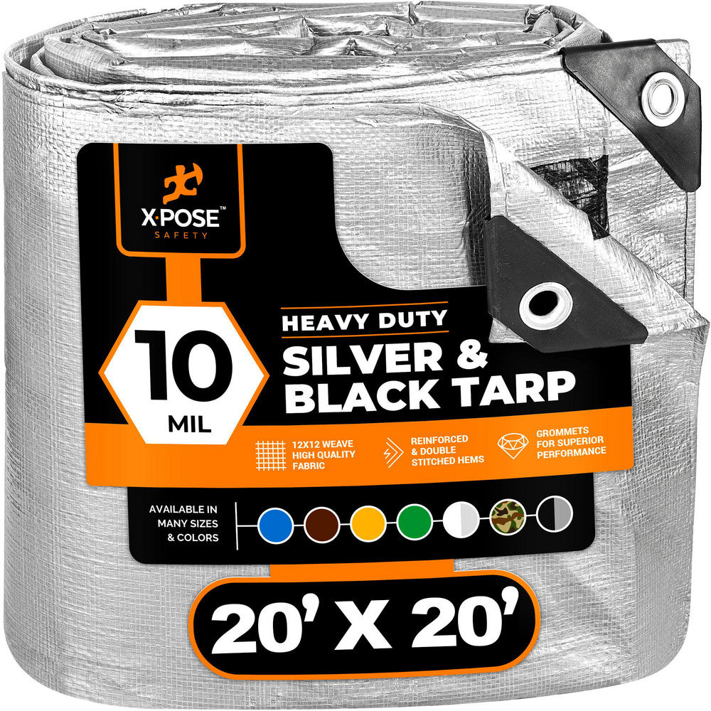 Xpose Safety STH-2020-X Tarp/Dust Cover Silver & Black, Rectangle, Polyethylene, 20' Long x 20' Wide, 10 mil