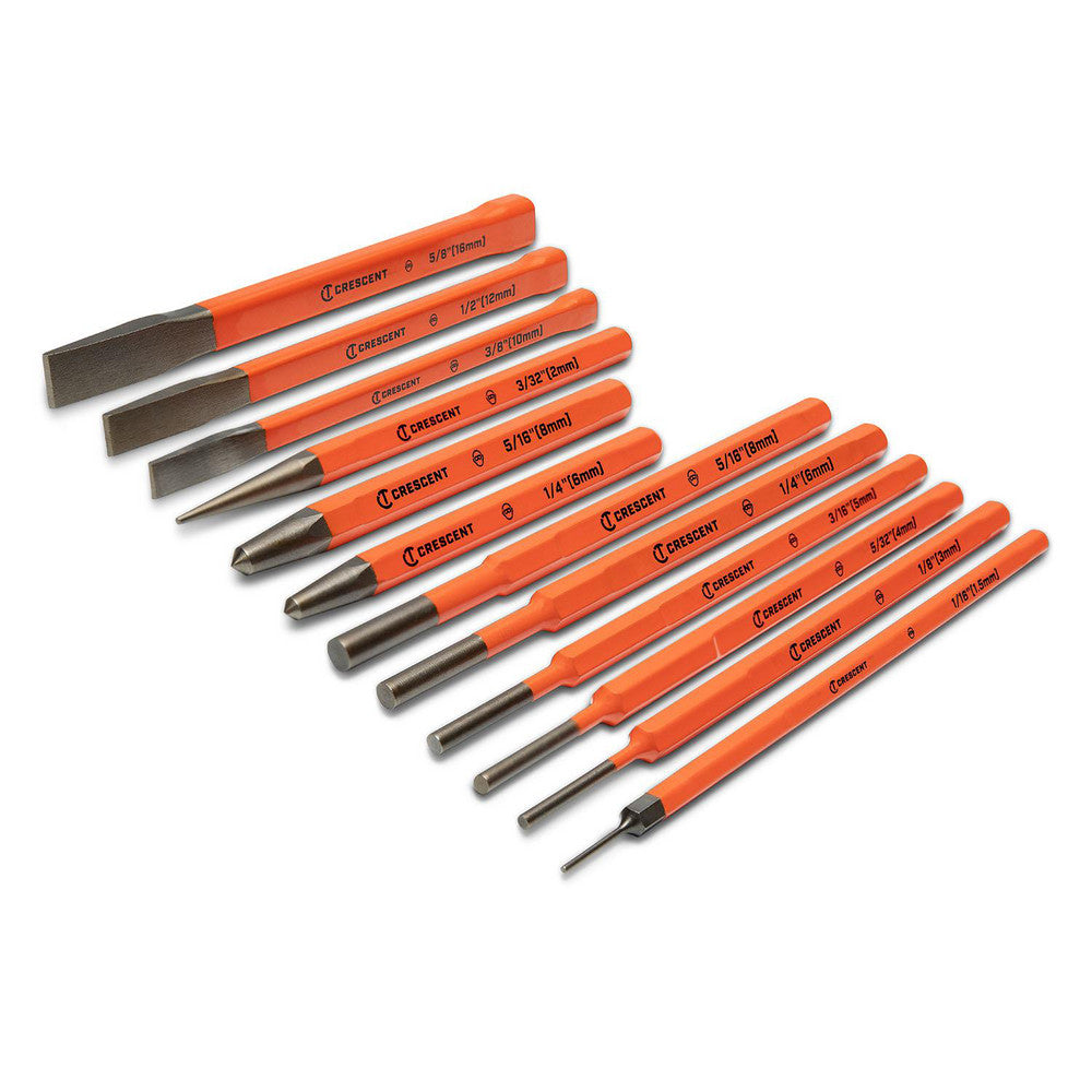 Crescent CPCCHS12 Chisel Sets Tool Type Cold Chisel Set Body Material Steel Number of Pieces 12.000 Includes 6 Pin Punches 1/16 in 1/8 in 5/32 in 3/16 in 1/4 in 5/16 in 3 Center Punches 3/32 in 1/4 in 5/16 in 3 Cold Chisels 3/8 in 1/2 in 5/8 in Number Of