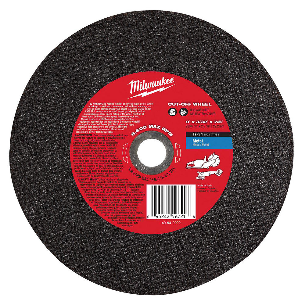 Milwaukee Tool 49-94-9000 Cut-Off Wheels Wheel Diameter (Inch) 9 Wheel Thickness (Inch) 5/32 Hole Size (Inch) 7/8 Abrasive Material Aluminum Oxide Reinforced Reinforced Grit 24