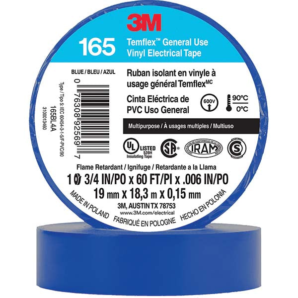 3M 7100169429 Electrical Tape 3/4" Wide, 60' Long, 6 mil Thick, Blue
